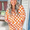 Women's Orange Checkerboard Print V Neck Loose Tee and Shorts Lounge Set - Image 3