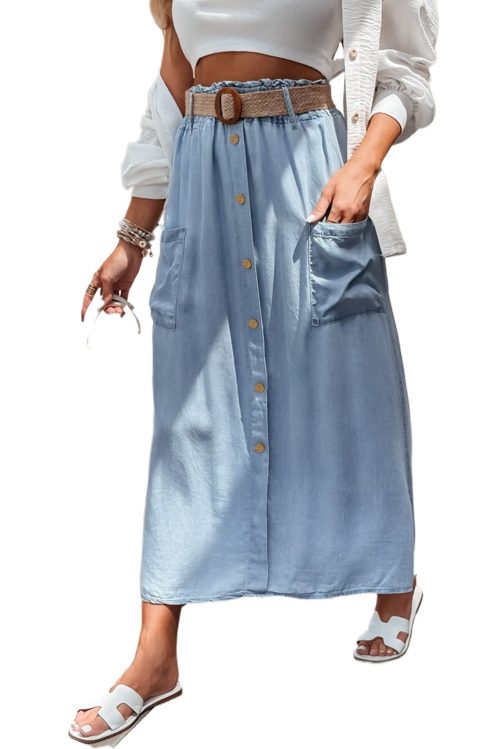 Women's Beau Blue High Waist Denim Maxi Skirt with Button Front and Side Pockets