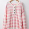 Women's Cozy Pink Stripe Half Button Drop Shoulder Sweater for Casual Wear - Image 7