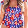 Chic Blue Floral Print Ruffled V Neck High Waist One Piece Swimwear for Women - Image 9