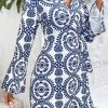 Women's Blue Floral Print V Neck Wrapped Knot Long Sleeve Shift Dress - Image 3