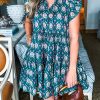 Women's Blue Retro Floral Print Ruffle Short Sleeve Mini Dress - Image 7