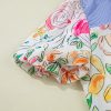 Women's Multicolor Floral Print Striped Yoke Frilled V Neck Puff Short Sleeve Blouse - Image 13