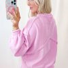 Women's Pink Raw Edge Ribbed Detail Drop Shoulder Sweater - Casual Chic for Winter - Image 2