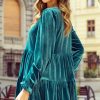 Women's Elegant Sea Green Velvet V Neck Peplum Hem Puff Sleeve Blouse - Image 3