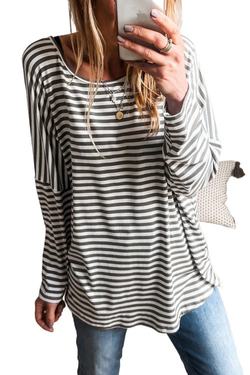 Women's Gray Stripe Oversized Long Sleeve Top with Drop Sleeves