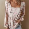 Women's Pink Floral Print Pleated U Neck Loose Fit Blouse - Elegant and Charming - Image 3