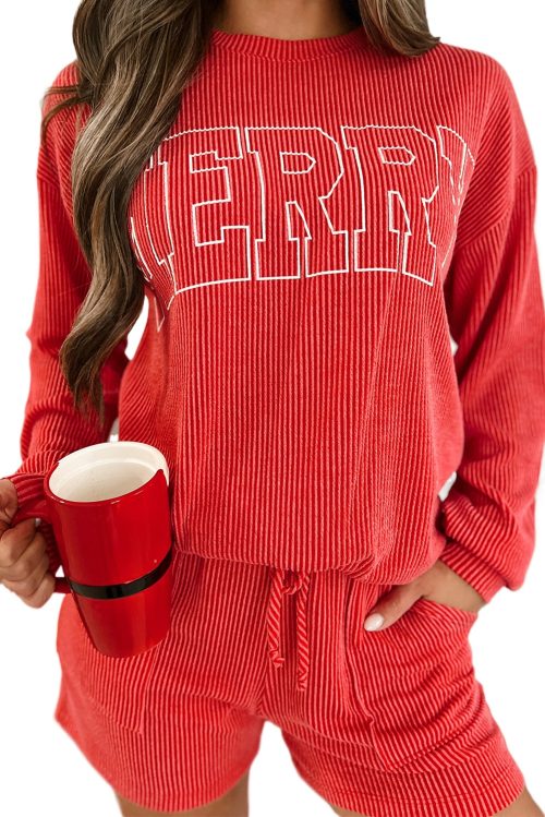 Women's Racing Red Corded MERRY Graphic Long Sleeve Top and Shorts Set