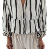 Women's Black Stripe Crinkled Ruffled Sleeve Button-Up Loose Shirt - Image 15