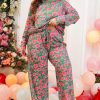 Plus Size Green Printed Long Sleeve and Pants Lounge Set - Image 3