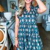 Women's Blue Retro Floral Print Ruffle Short Sleeve Mini Dress - Image 10