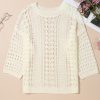 Women's White Hollow Out Knit Bracelet Sleeve Drop Shoulder Sweater - Image 3