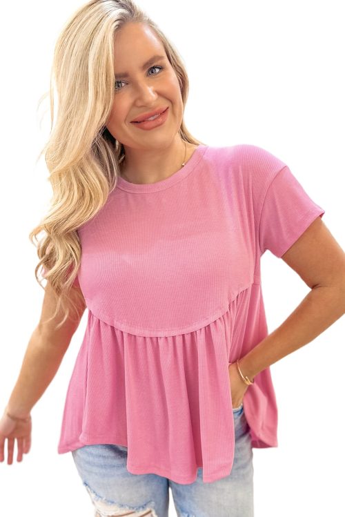 Women's Peach Blossom Ribbed Short Sleeve Babydoll Top - Casual Summer Style