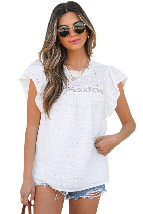 Women's White Lace Neckline Flutter Sleeve Blouse with Eyelet Details