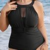 Plus Size Black Halter Mesh Insert One Piece Swimsuit with Knotted Back - Image 9