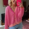 Women's Pink Striped Buttoned V Neck Drop Shoulder Cardigan - Elegant Fall Sweater - Image 7