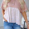 Women's Pink Waffle Floral Patchwork Short Sleeve Top with Exposed Seam Detail - Image 8