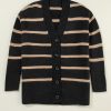 Women's Loose Fit Black Stripe V Neck Buttoned Drop Shoulder Cardigan - Image 7