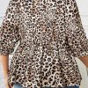 Plus Size Khaki Leopard Print Lace-up Ruffled 3/4 Sleeve Blouse - Feminine and Elegant - Image 3