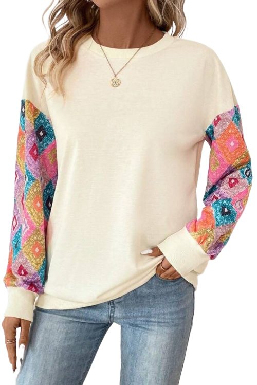 Women's Apricot Geometric Printed Patchwork Long Sleeve Round Neck Top