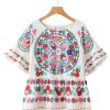 Women's White Boho Floral Print Ruffle Trim Blouse - Short Sleeve Round Neck - Image 14