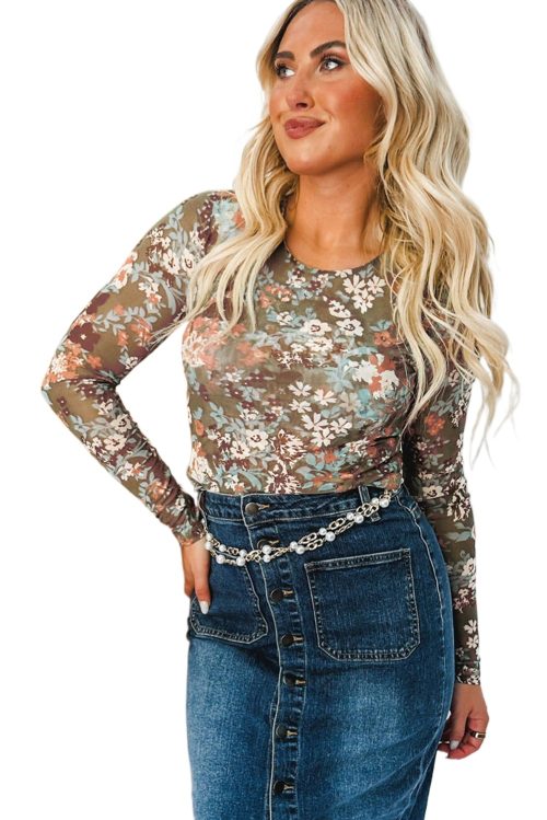 Women's Elegant Green Floral Print Mesh Fitted Long Sleeve Top