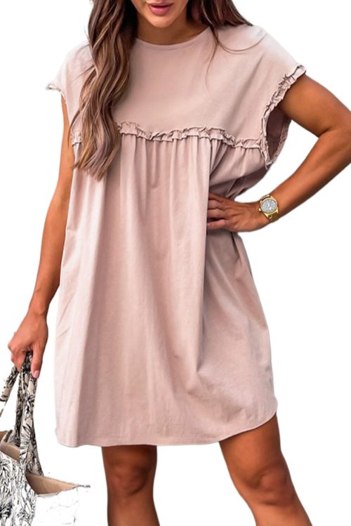 Chic Women's Oatmeal Frilled Trim Crew Neck Loose Fit Mini Dress