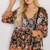 Black Plus Size Paisley Floral Print V Neck Bubble Sleeve Blouse for Women - Image 6