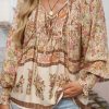 Women's Yellow Floral Print Tie Neck Blouse with Lantern Sleeves - Image 3