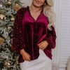 Women's Red Velvet Top with Sequin Patchwork Sleeves - Button Up Style - Image 7