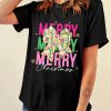 Women's Black Merry Christmas Brushwork Bow Printed Graphic T-Shirt - Image 6