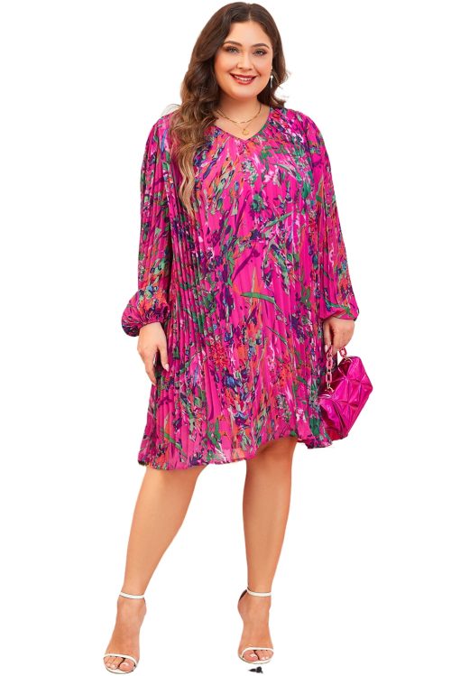 Women's Plus Size Rose Abstract Floral Print Pleated Dress with Puff Sleeves