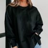 Women's Black Exposed Seam Drop Shoulder Round Neck Sweatshirt with Slits - Image 3