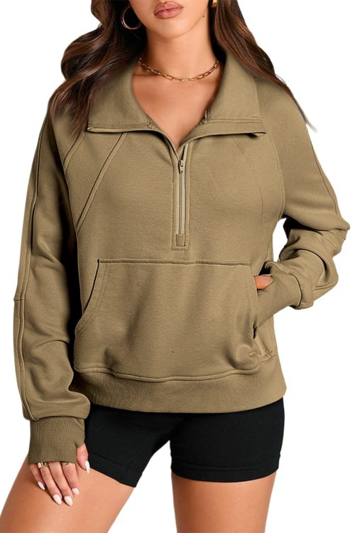 Women's Brown Quarter Zip Stand Neck Sweatshirt with Kangaroo Pocket