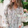 Women's Purple Boho Floral Bishop Sleeve Button Up Loose Shirt - Image 6