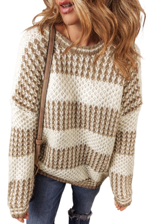 Women's Brown Stripe Drop Shoulder Round Neck Loose Sweater