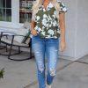 Chic Women's Green Floral Print Short Sleeve Blouse with Split Neck Design - Image 7