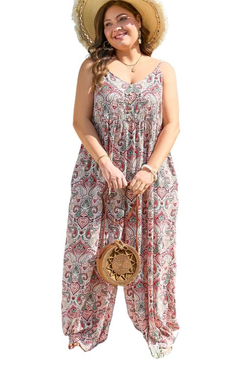 Plus Size Multicolour Paisley Print Sleeveless V Neck Jogger Jumpsuit for Women