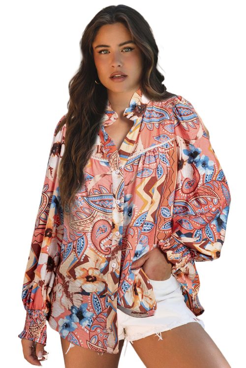 Women's Orange Floral Print Shirred Cuff Buttoned Loose Shirt - Chic Bohemian Style