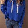 Women's Dark Blue Drop Shoulder Cropped Hoodie with Drawstring - Image 6