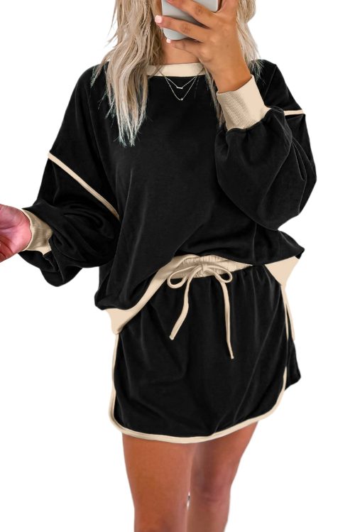 Women's Black Color Contrast Loose Pullover and Lace-Up Waist Skort Set