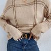 Women's Khaki Plaid Pattern Knitted Long Sleeve Drop Shoulder Sweater - Image 2