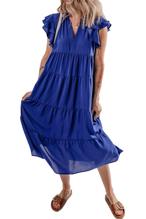 Women's Bluing Ruffled Short Sleeve V Neck Tiered Midi Dress - Elegant and Versatile