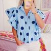 Elegant Sky Blue Polka Dot Ruffled Short Sleeve Buttoned Collared Blouse for Women - Image 2