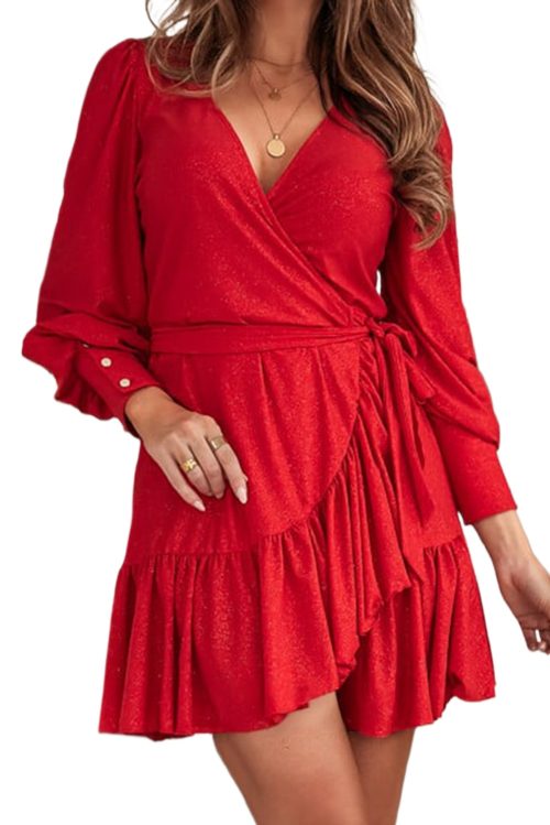 Women's Racing Red Ruffled Tinsel Buttoned Bishop Sleeve Surplice Neck Mini Dress