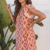 Women's Orange Geometric Floral V Neck Mini Dress with Ruffled Sleeves - Image 3