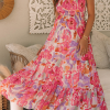 Women's Pink Abstract Floral Print Shirred One Shoulder Maxi Dress for Summer - Image 9