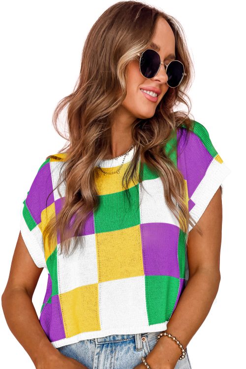 Women's Tillandsia Purple Color Block Cap Sleeve Sweater - Stylish Checkered Knit Top