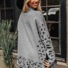 Women's Gray Leopard High Neck Oversized Side Slit Sweater - Image 3