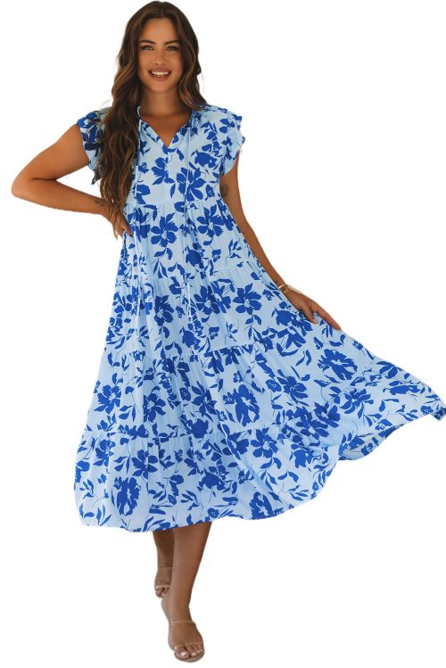 Women's Sky Blue Floral Print Tiered Frilled Trim Flutter Sleeve Maxi Dress